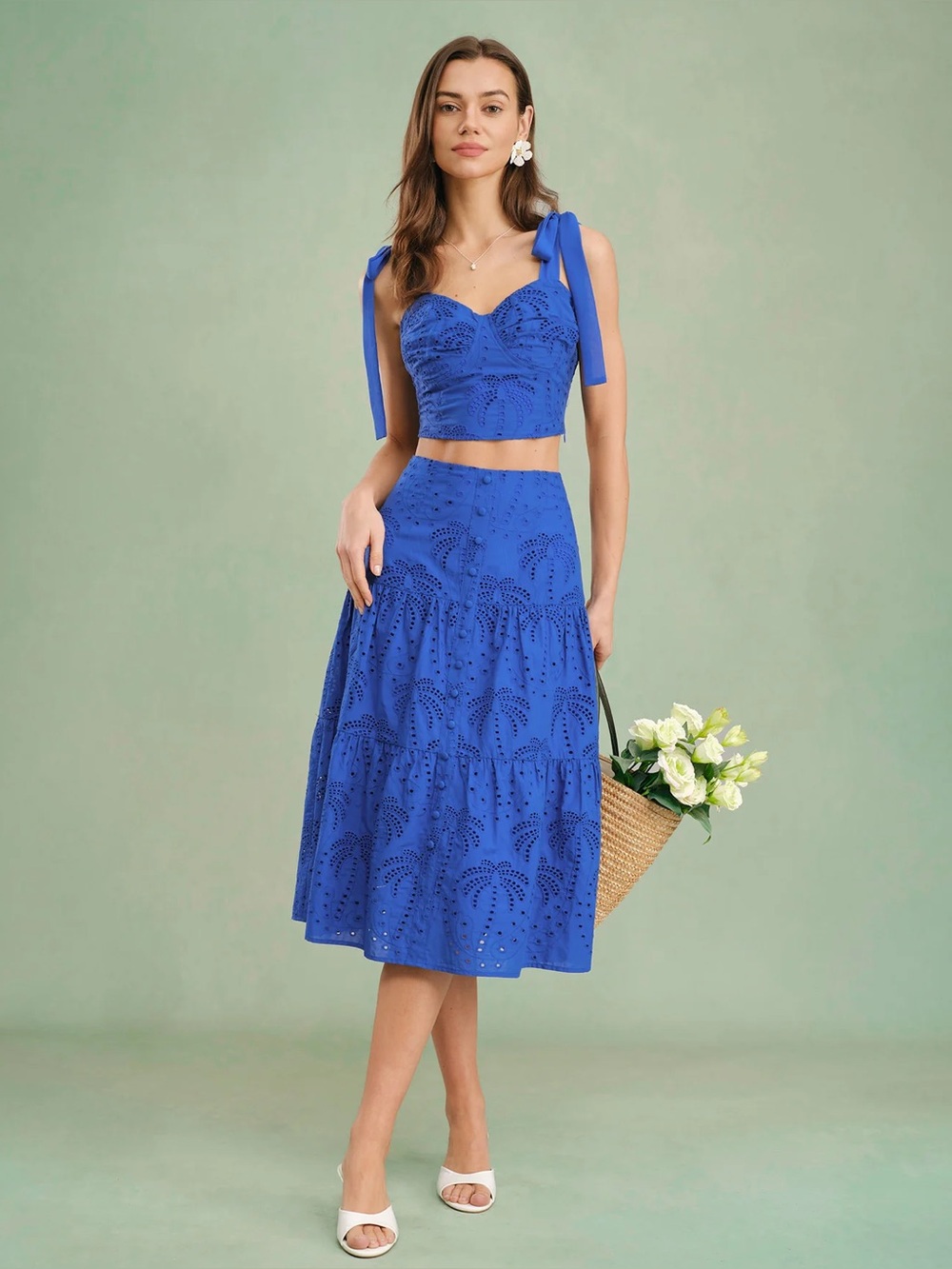 NEW MATCHING 2 PC set Eyelet Midi Skirt RIHOAS jlux banana republic naked lulus - Picture 9 of 10